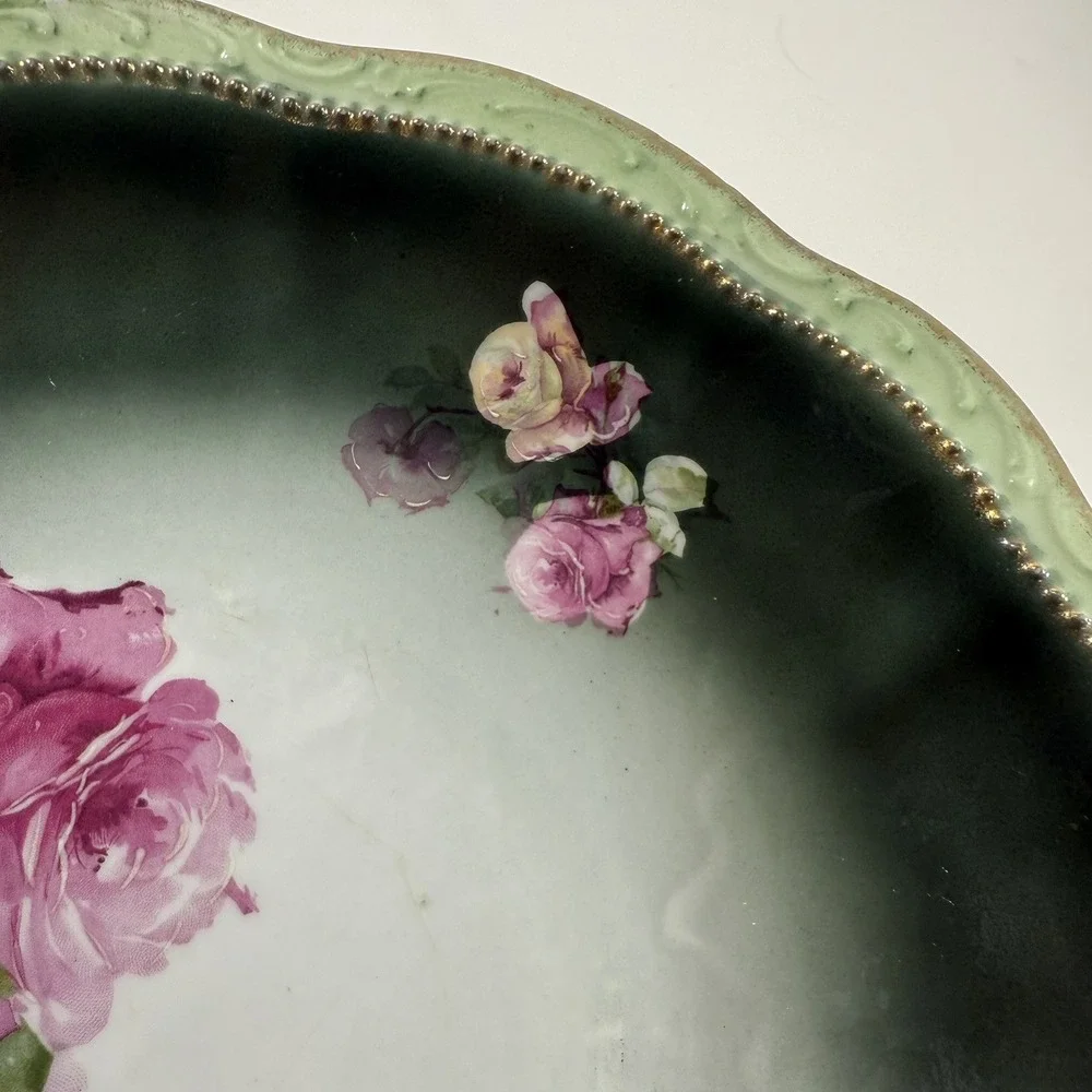 Three Crown China Germany Hand Painted Bowl Roses Gilt Edge‎ 9.5